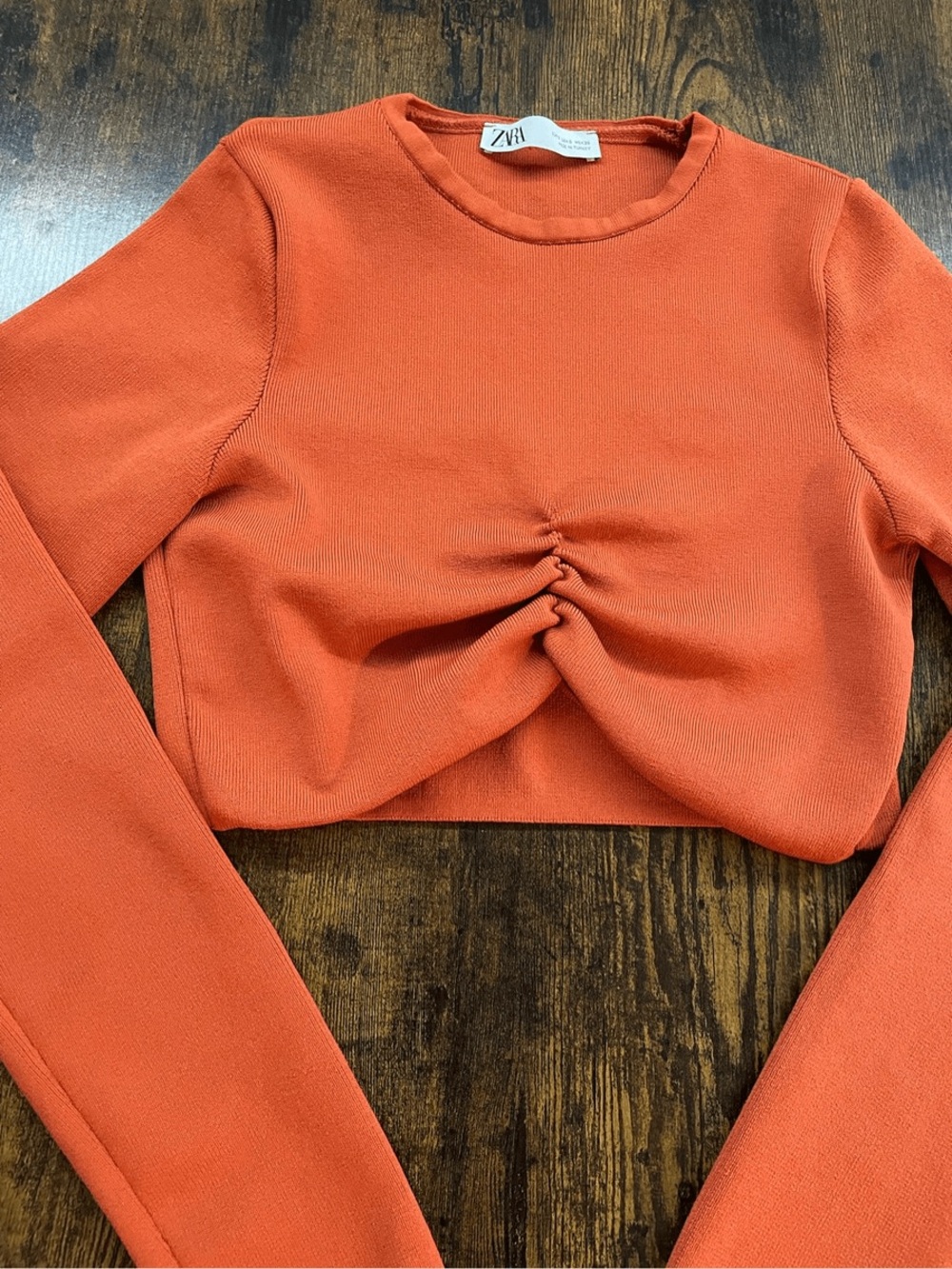 Zara Rust Long Sleeve Cropped Ruched Top - Picture 6 of 7